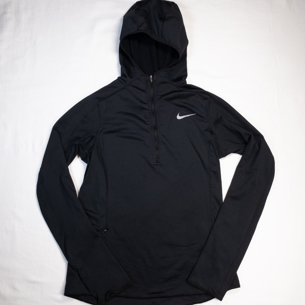 Nike Womens Dri-FIT Running Half Zip Hoodie Black Thumbhole Pullover Small